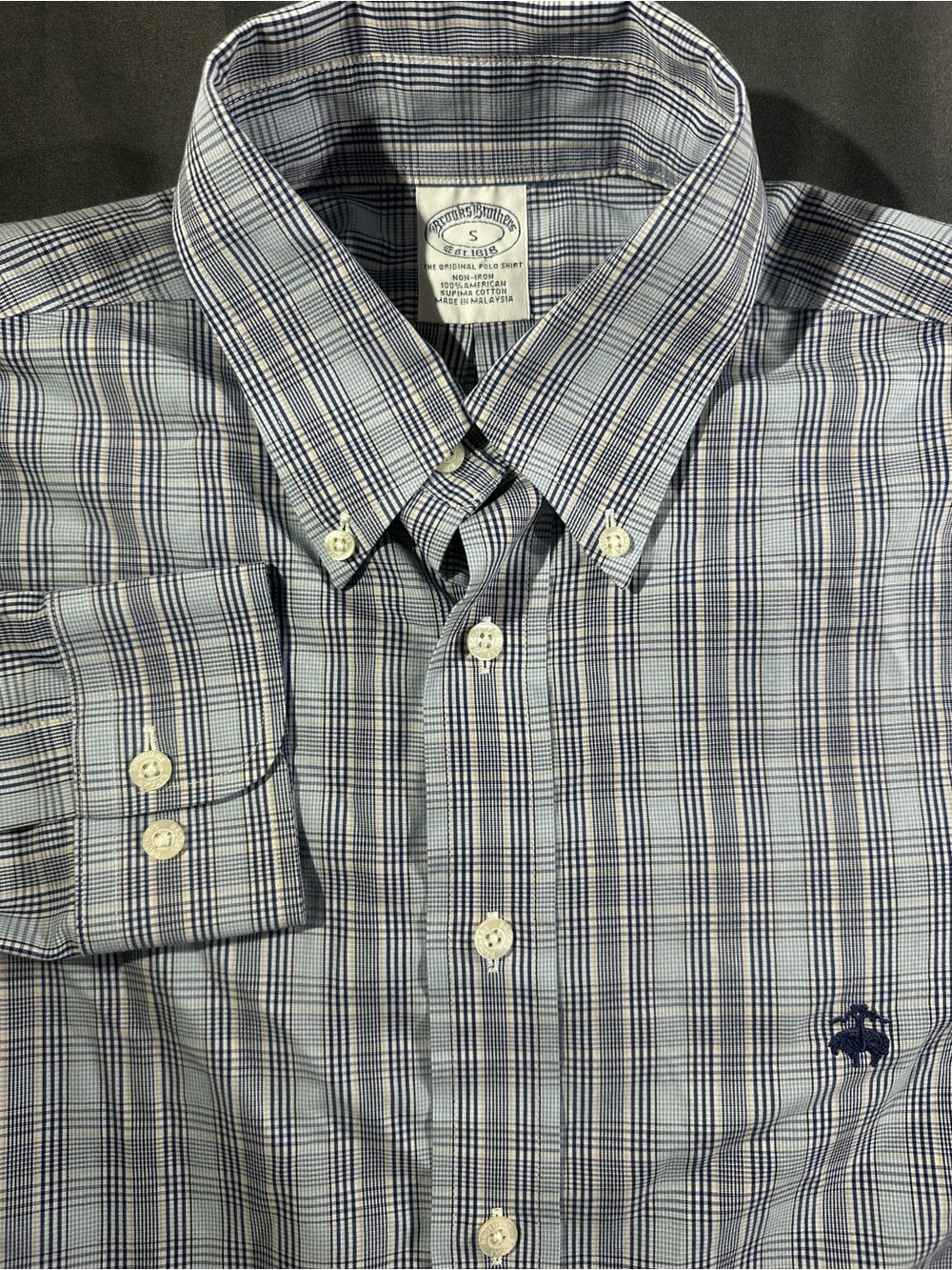 Brooks Brothers Oxford Cloth Button Down Size S Logo Blue Plaid Non-Iron Supima